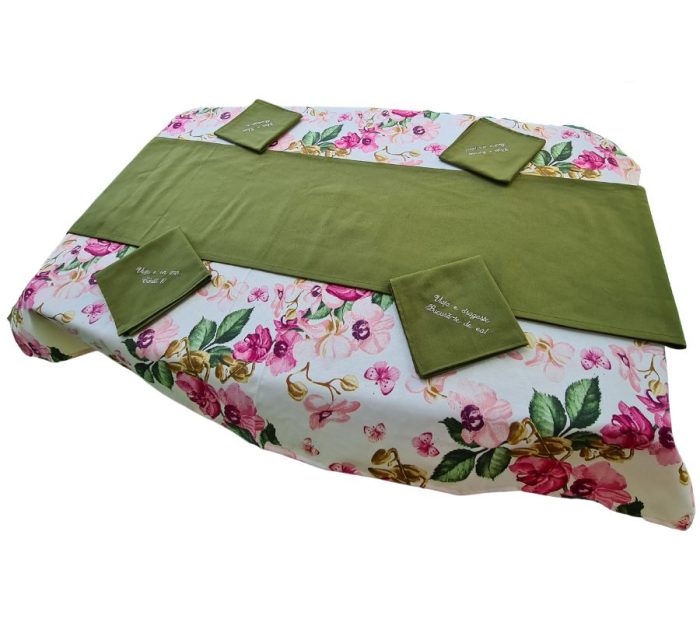Set fata de masa cu flori, 4 servetele brodate si traversa, bumbac, 110x150 cm - imagine 2
