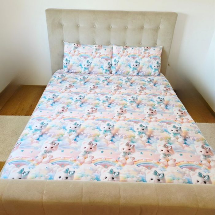 Lenjerie completă Ariale „Pisicuțe” – bumbac ranforce imprimat digital 5D, 4 piese, pat dublu - imagine 16