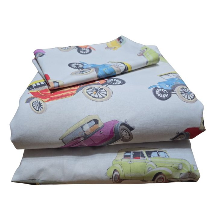 Lenjerie de pat Retro Cars Ariale, pentru 1 persoana, 3 piese, bumbac imprimat digital - imagine 2