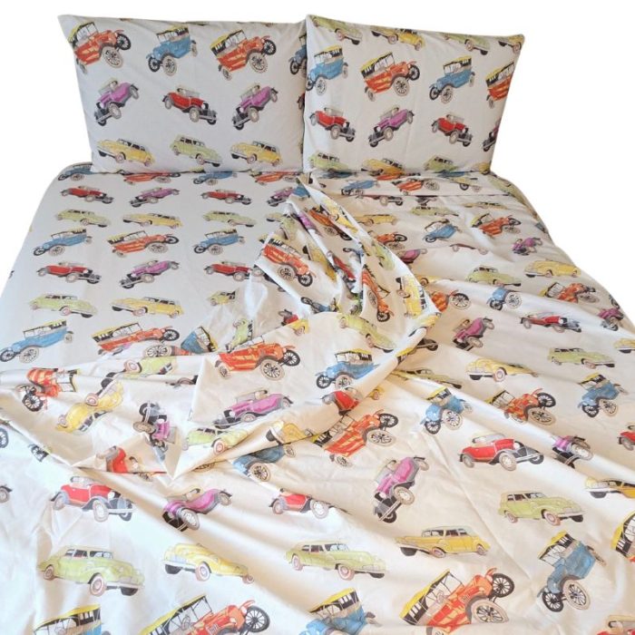 Lenjerie de pat Retro Cars Ariale, pentru 2 persoane, 4 piese, bumbac imprimat digital - imagine 5