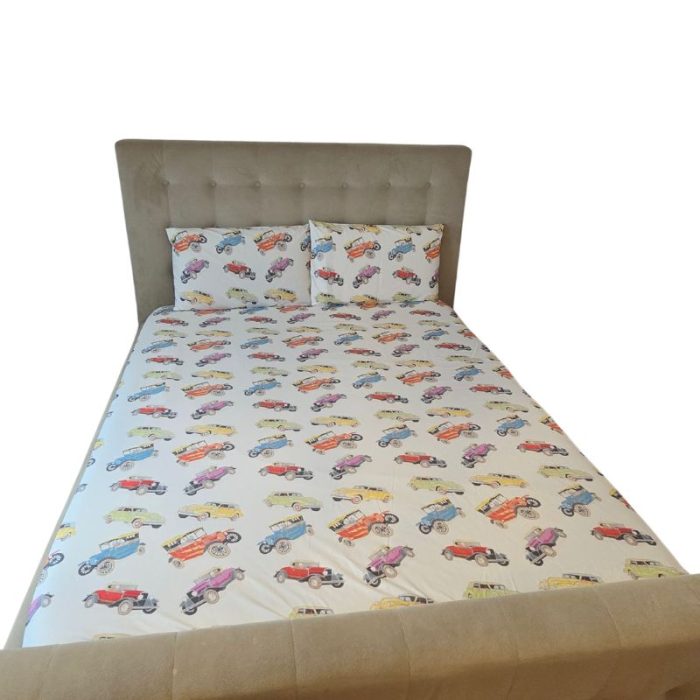 Lenjerie de pat Retro Cars Ariale, pentru 2 persoane, 4 piese, bumbac imprimat digital - imagine 6