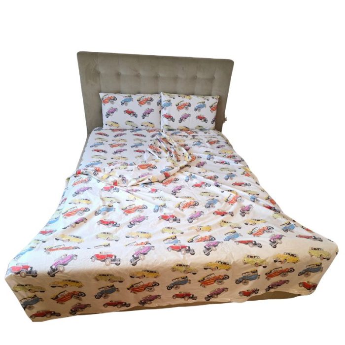 Lenjerie de pat Retro Cars Ariale, pentru 2 persoane, 4 piese, bumbac imprimat digital - imagine 11