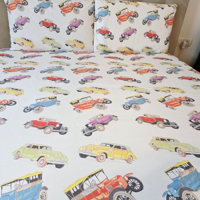 Lenjerie de pat Retro Cars Ariale, pentru 2 persoane, 4 piese, bumbac imprimat digital - imagine 10