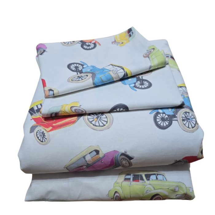 Lenjerie de pat Retro Cars Ariale, pentru 2 persoane, 4 piese, bumbac imprimat digital - imagine 2