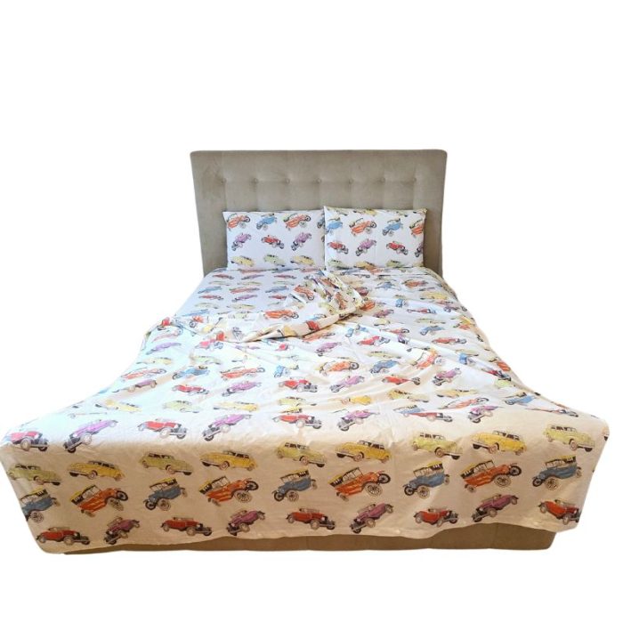 Lenjerie de pat Retro Cars Ariale, pentru 2 persoane, 4 piese, bumbac imprimat digital - imagine 4