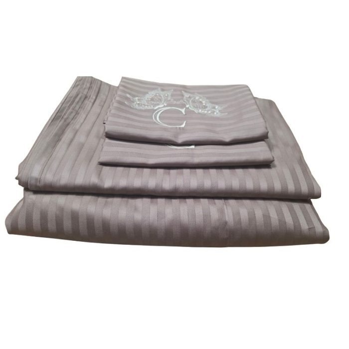 Lenjerie de pat pentru 2 persoane, 4 piese, damasc satinat, Maro, brodata - imagine 8