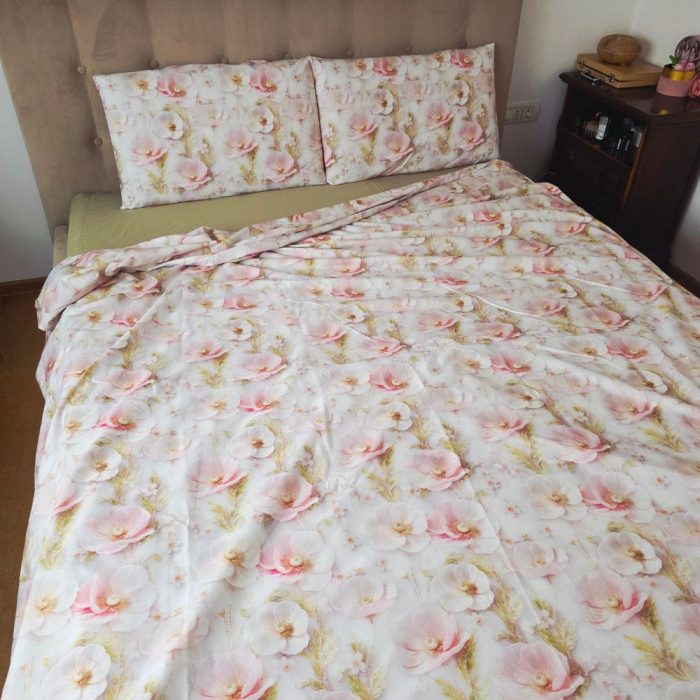 Lenjerie de Pat „Flori pudrate” – Bumbac 100%, Imprimare Digitală, 4 Piese - imagine 21