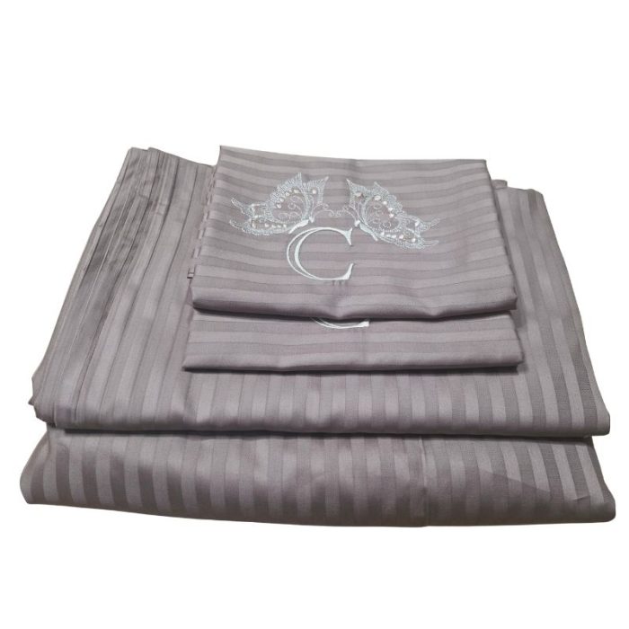 Lenjerie de pat pentru 2 persoane, 4 piese, damasc satinat, Maro, brodata - imagine 7