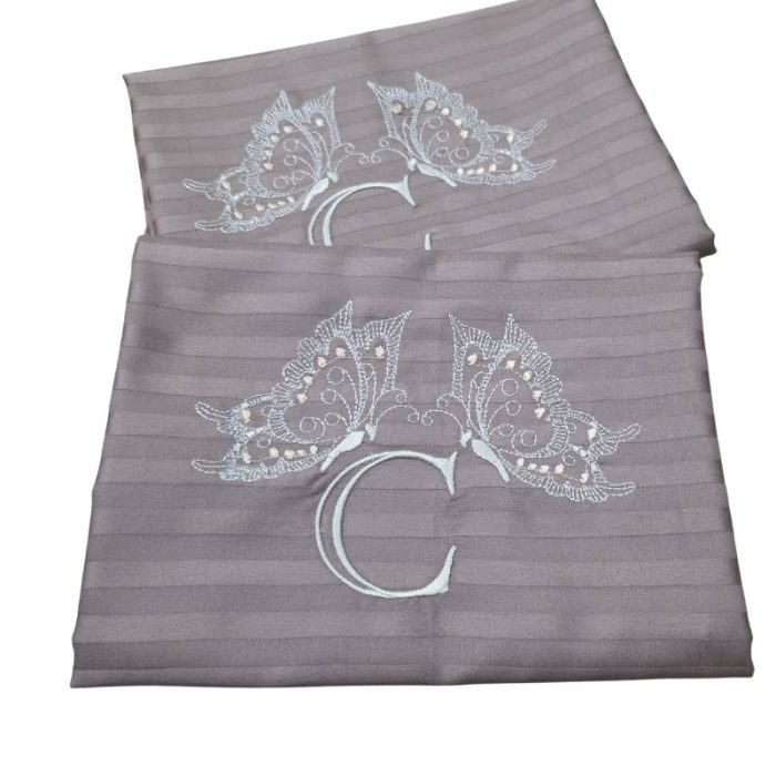 Lenjerie de pat pentru 2 persoane, 4 piese, damasc satinat, Maro, brodata - imagine 6