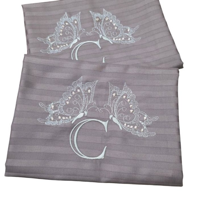 Lenjerie de pat pentru 2 persoane, 4 piese, damasc satinat, Maro, brodata - imagine 3